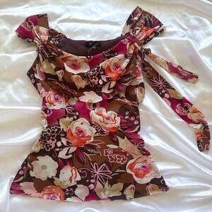6 Degrees Women Floral Cowl Neck Blouse Brown Pink Orange Shoulder Tie Top M